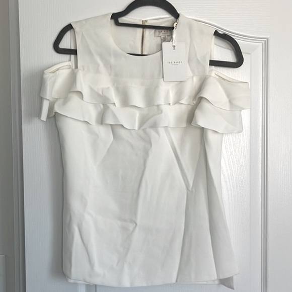 NEW Women's Ted Baker London Cold Shoulder Frill Top, Size 1 - White - Picture 2 of 6
